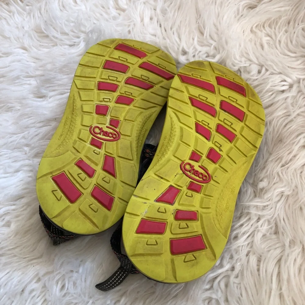 Chaco Kids Black Sandals with Coral Strap Pattern and Pink Buckles